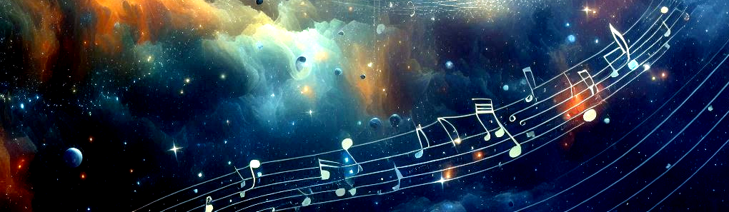  “An artistic representation of a cosmic scene with musical notes and staff lines overlaying a backdrop of stars and nebulae, symbolizing the universal language of music.”