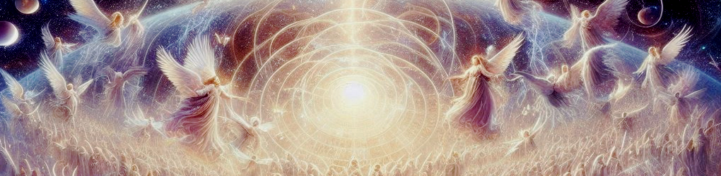 “Digital artwork of ethereal figures with wings soaring through a cosmic landscape filled with stars, planets, and swirling nebulas around a bright light source.”