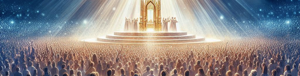 In the heart of a celestial city, a momentous gathering unfolds beneath the “Radiance Unveiled.” A multitude of souls, drawn by the allure of divine light, stand in awe around a levitating platform. This beacon of hope, crowned with an ornate halo, bathes the assembly in a warm, golden glow. Arms raised in reverence, the crowd is united in a shared experience of enlightenment and spiritual communion. This image captures the essence of unity and spirituality, as it portrays a significant event that resonates with the collective heartbeat of a heavenly realm.