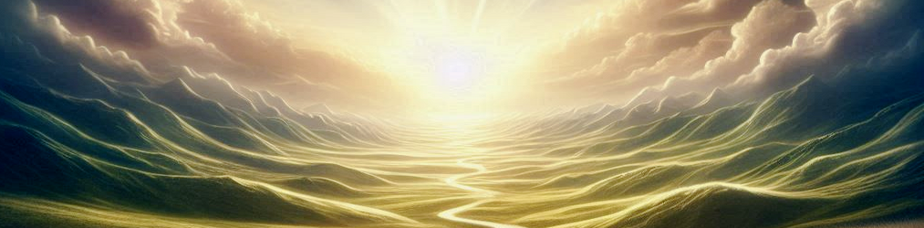 n this surreal landscape, sky and ground merge seamlessly into an undulating surface. A radiant point of light on the horizon bathes the scene in a warm glow. Dynamic clouds swirl above, creating depth and movement. The terrain below mimics this motion, evoking wonder and infinite possibility.