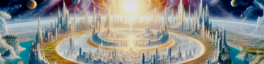 "The New Creation": An awe-inspiring panorama of a transformed earth merging with heaven. Show crystalline structures, vibrant colors never seen before, and the descent of the New Jerusalem. In the foreground, depict people of all nations in glorified bodies, joyfully exploring their new eternal home.