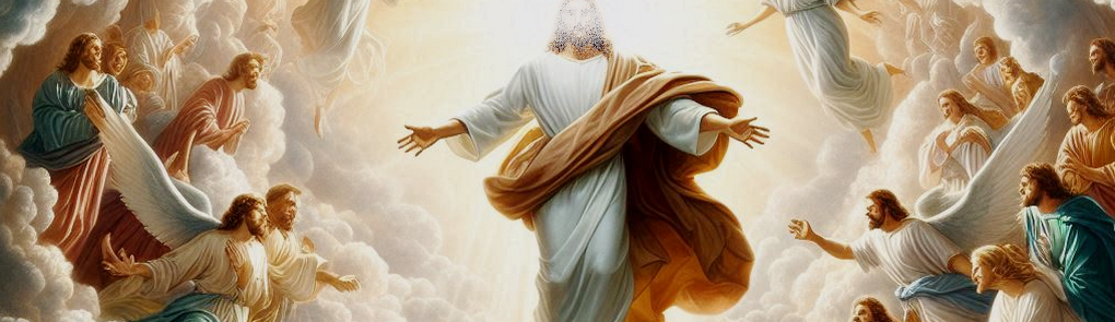 A majestic depiction of Jesus Christ descending from the clouds, surrounded by a bright light, with angels flanking Him. Below, believers are shown rising up to meet Him in the air.