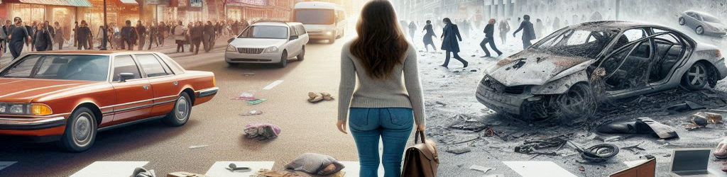 A split-screen image: on one side, a bustling city street with people going about their daily lives; on the other side, the same street with abandoned cars, dropped items, and confused onlookers as believers have suddenly vanished
