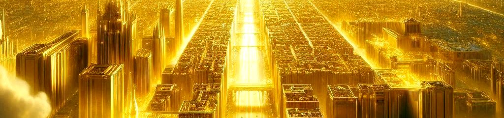 A golden, radiant city (New Jerusalem) descending from the sky, with brilliant walls, pearly gates, and streets of gold, bathed in divine light.