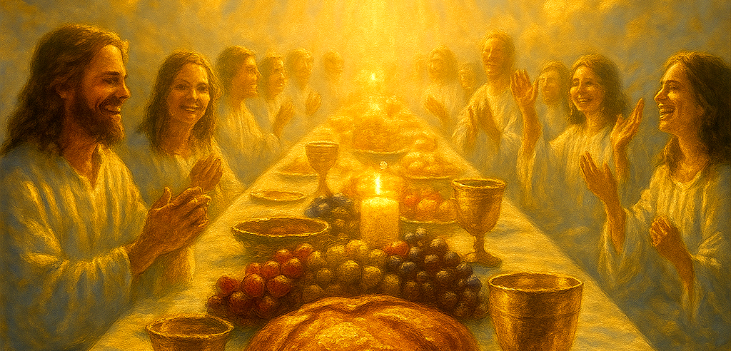 Celestial banquet table overflowing with food, symbolizing eternal fellowship in heaven. 