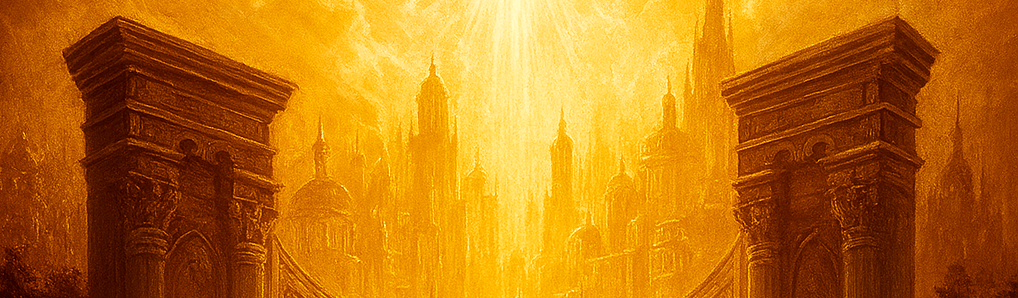 Golden heavenly city gates glowing with divine light”