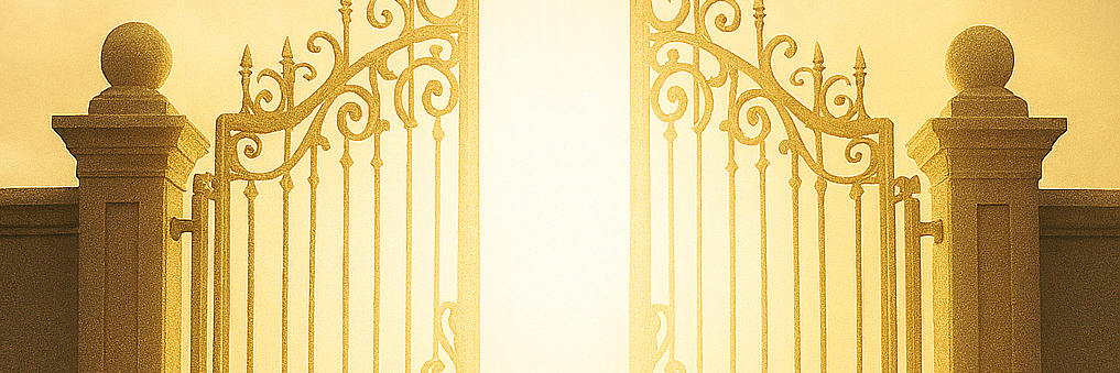 Heaven’s gates opening, symbolizing welcome and grace