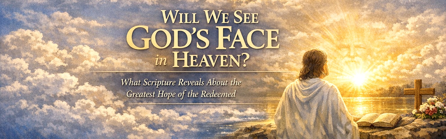 Parchment banner with gold illumination and text reading “They Shall See His Face — Revelation 22:4.”