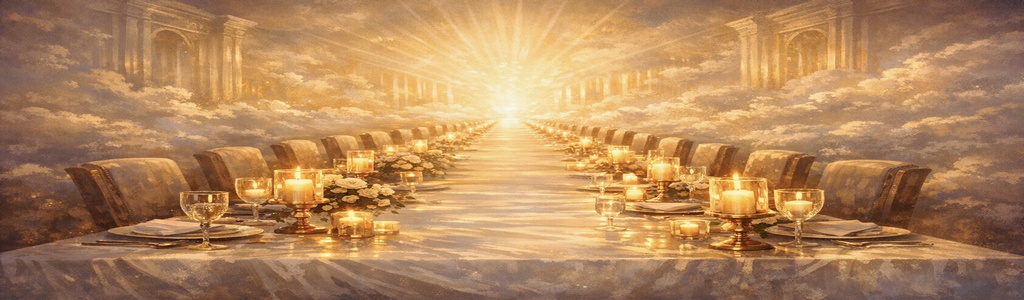 A glowing heavenly banquet table stretching into golden light, symbolizing the joy of feasting in Heaven.”