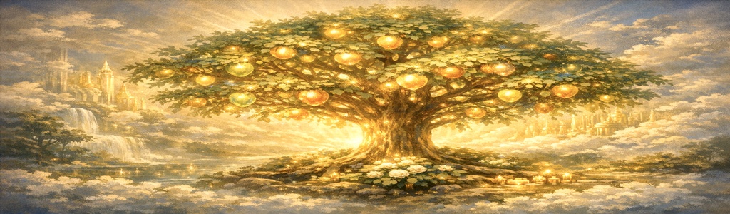 Symbolic Tree of Life with glowing heavenly fruit representing eternal abundance.