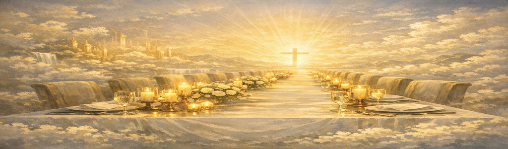 “A peaceful heavenly table glowing with soft light, symbolizing fellowship with Christ in eternity.”