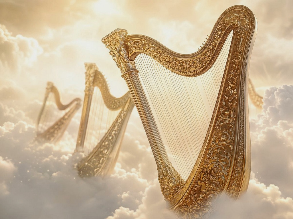 Ornate golden harps floating among soft white clouds under warm heavenly light.