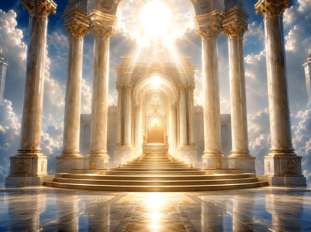 A radiant heavenly throne room with marble columns, golden accents, and bright light streaming from above.