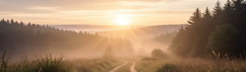 A peaceful path leading toward warm heavenly light in a soft glowing horizon