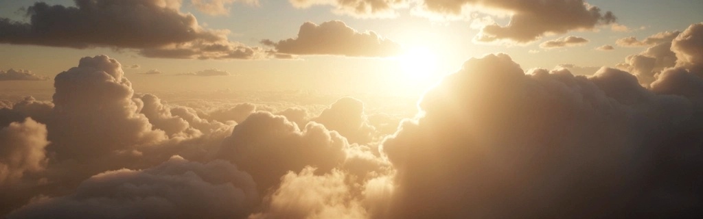 A peaceful, photorealistic heavenly sky with soft golden light breaking through clouds, symbolizing Jesus’ promise of “many mansions” in the Father’s house. 