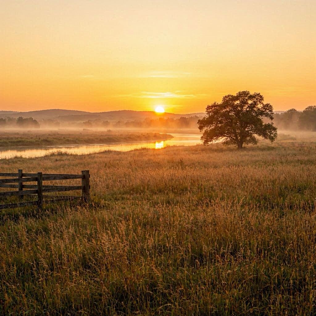 Sunrise over a misty river with tall grass, a lone tree, and warm golden light across a peaceful countryside landscape.
