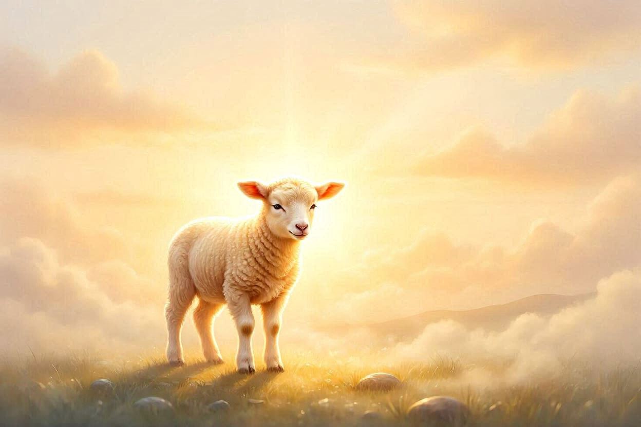 Young lamb standing in a sunlit meadow with warm sunrise light, soft clouds, and scattered stones.
