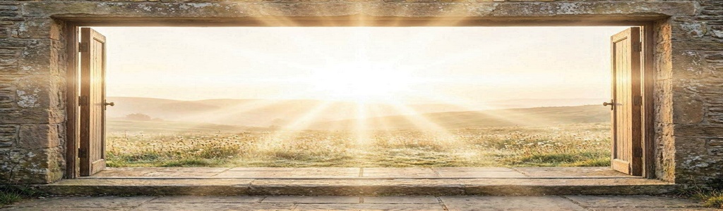 Heavenly light shining through an open doorway into a peaceful landscape.