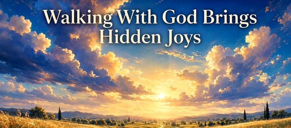 Golden heavenly light shining over a peaceful path with the text “Walking With God Brings Hidden Joys,” representing the quiet blessings found in walking closely with God.
