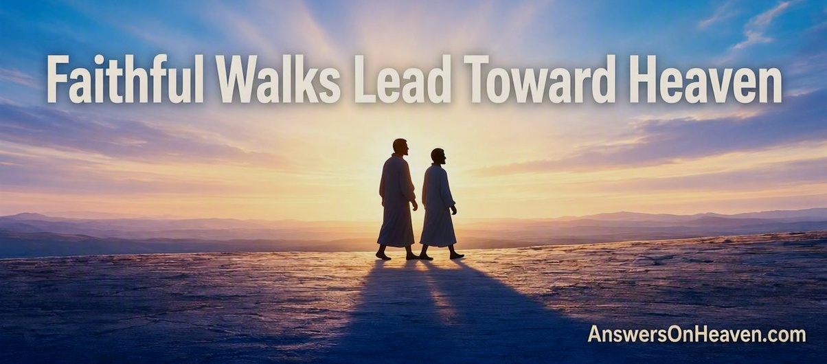 Heavenly horizon with silhouettes of Enoch and Abraham and the text “Faithful Walks Lead Toward Heaven,” symbolizing faithful obedience that points toward eternity.
