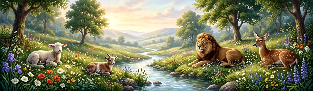 A lamb, a young goat, a lion and a deer resting peacefully together in a restored, sunlit landscape.