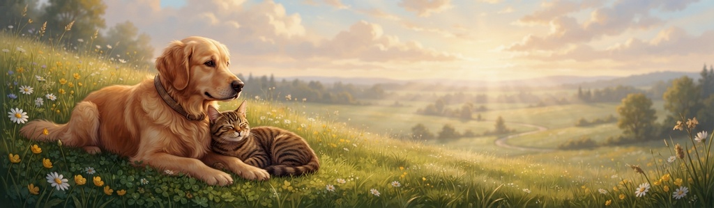 pets in heaven: a golden retriever and tabby cat resting together in a sunlit meadow
